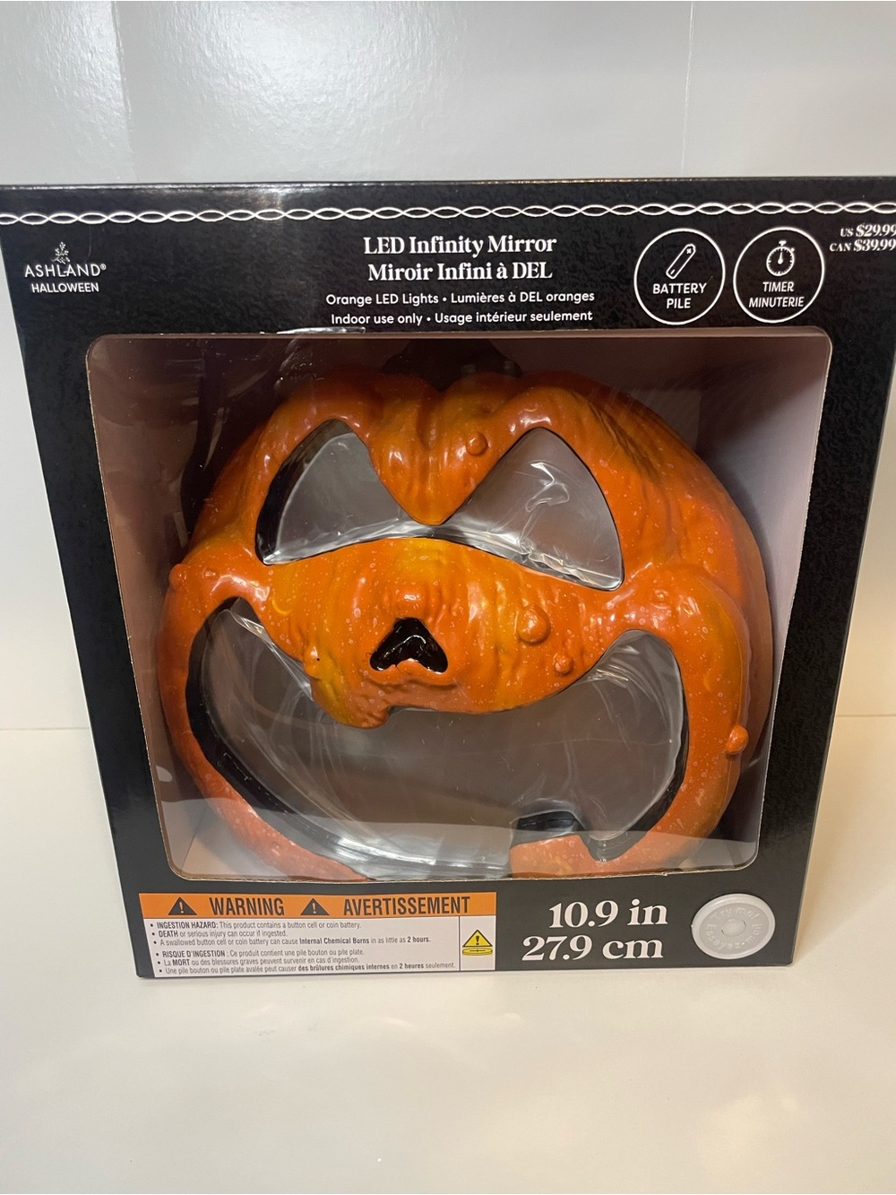 LED Infinity Mirror Orange Pumpkin Jack-O'-Lantern, Halloween Pumpkin Decor